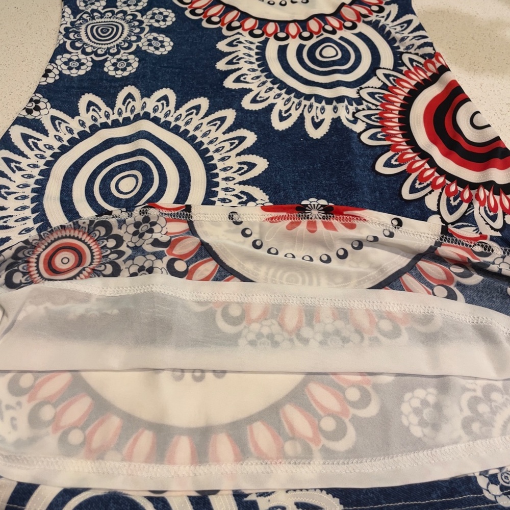 PAPILLION RETRO SHEATH DRESS COLORFUL BOLD BOHO PRINT RED BLUE WHITE SZ L - Picture 3 of 6